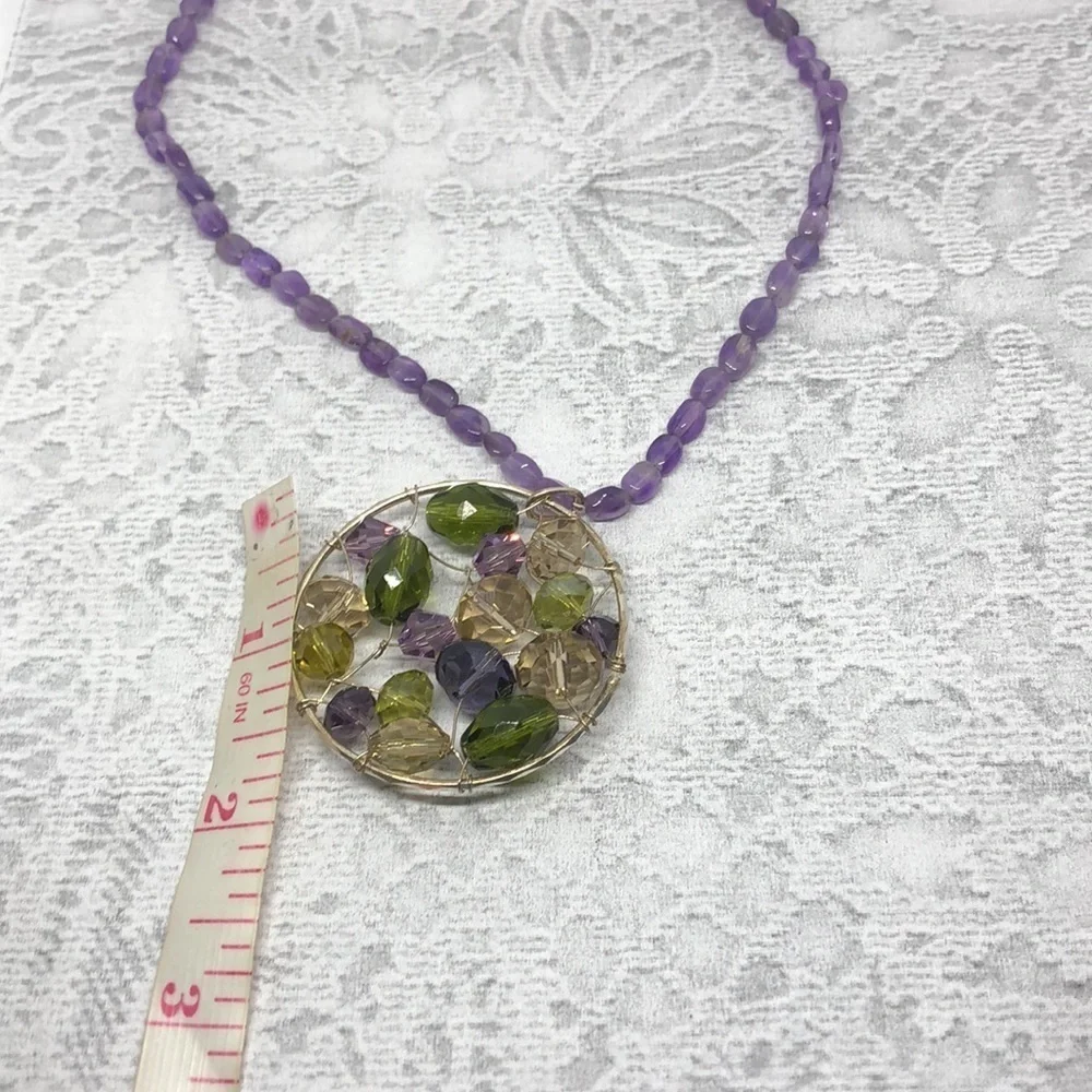 Upcycled sterling silver gemstones and crystals necklace pendant artisan boho